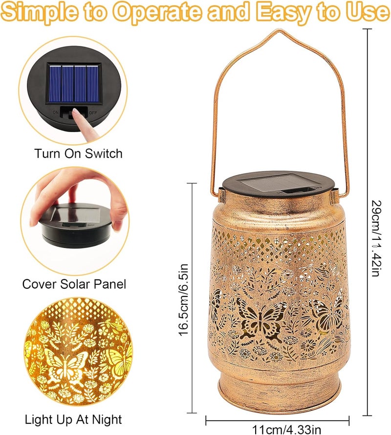 SANDECO 2 Pack Solar Lanterns Outdoor Butterfly Garden Decor, Gifts for Women Mom Grandma Birthday, Waterproof Metal Hanging Solar Lights LED Decoration with Shepherd Hook Outside for Yard Patio Lawn Porch - Image 5